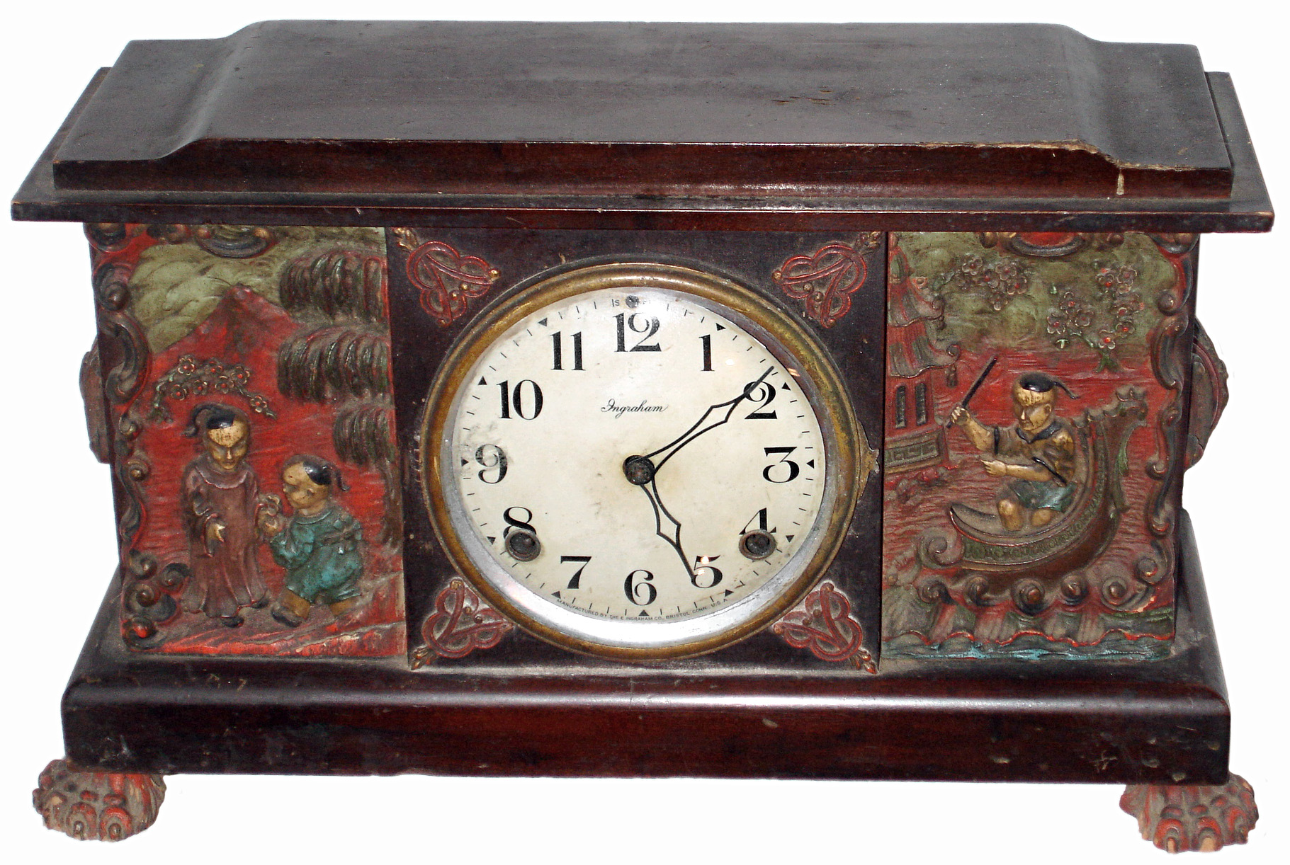 E. Ingraham Co., Bristol, Conn., "Chinese" wood 8 days, time and strike, mantel clock, c1929 — Antique Clocks Price Guide