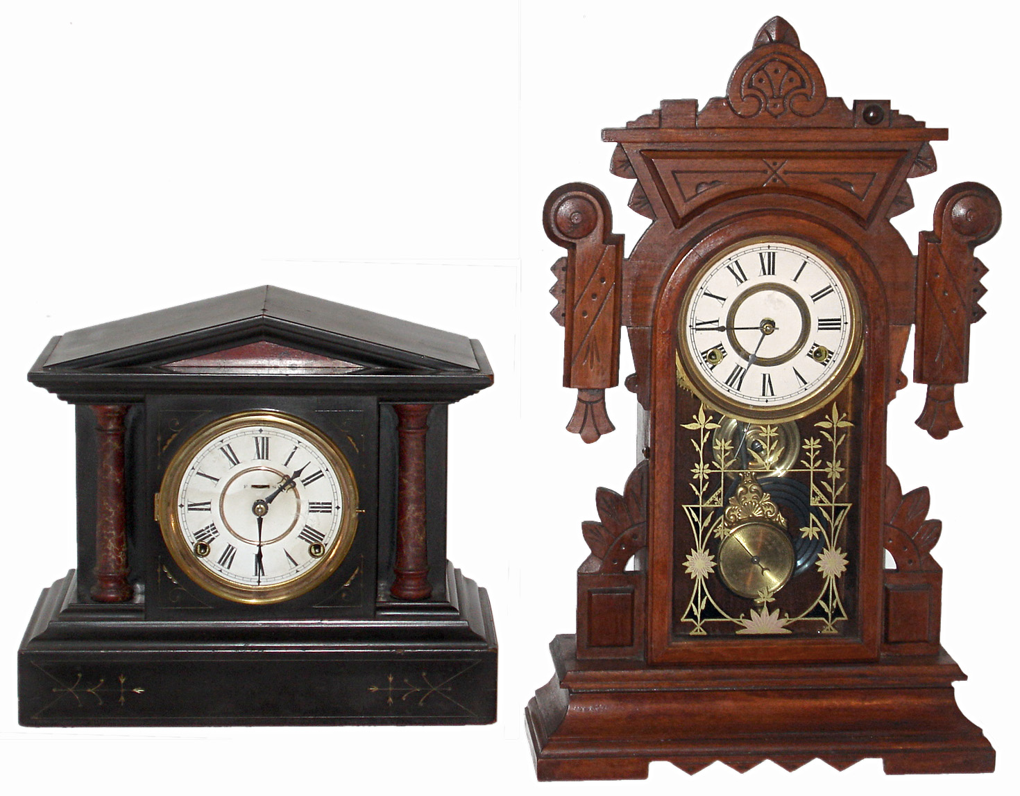 Clocks- 2 (Two) Connecticut wood 8 days, time and strike, mantel clocks:  New Haven "Pruth" walnut c1886; E. Ingraham "Exotic" c1889 — Antique Clocks Price Guide