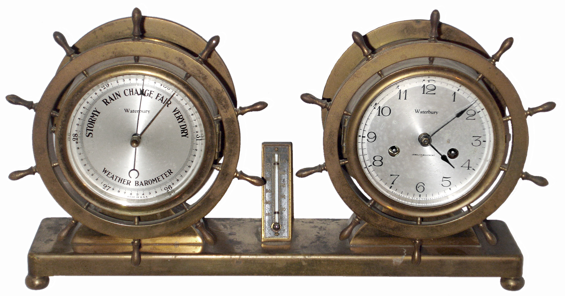 Waterbury Clock Co., Waterbury, Conn., "Ship's Bell No. 19", 8 days, time and strike, clock/barometer/thermometer desk set, c1929 — Antique Clocks Price Guide