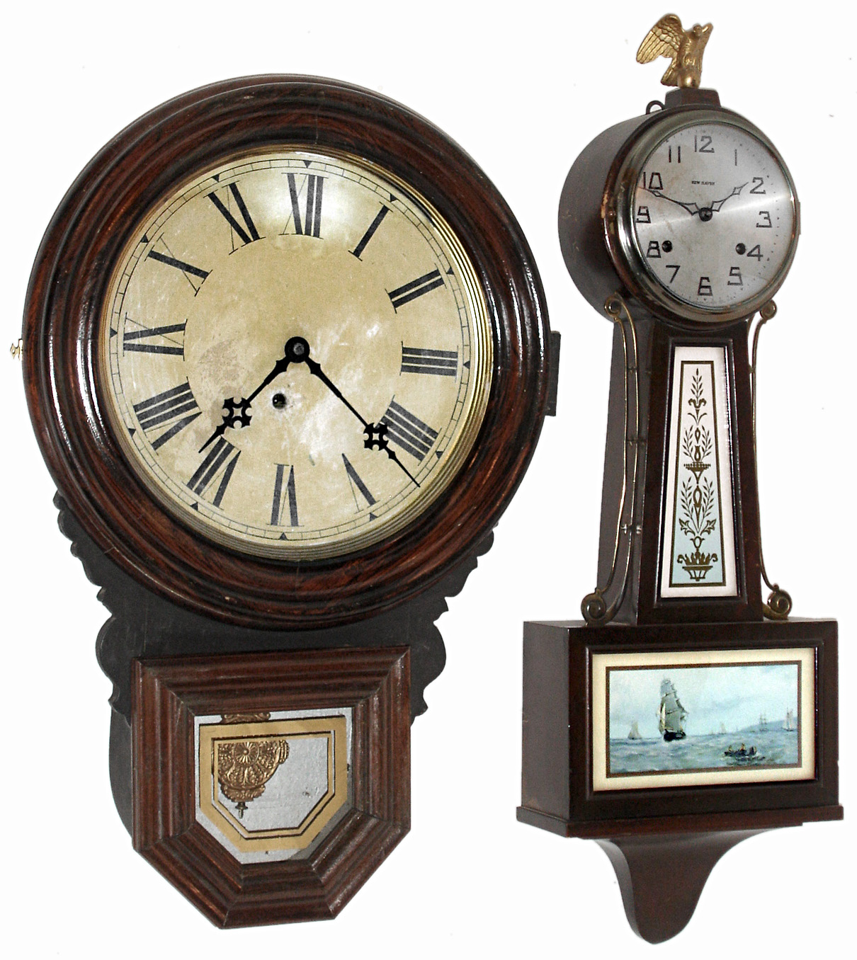 Clocks- 2 (Two) Connecticut wood 8 days, wall clocks: New Haven "Whitney" striking banjo, c1932; E. Ingraham "Dew Drop" rosewood grained time only, c1900 — Antique Clocks Price Guide