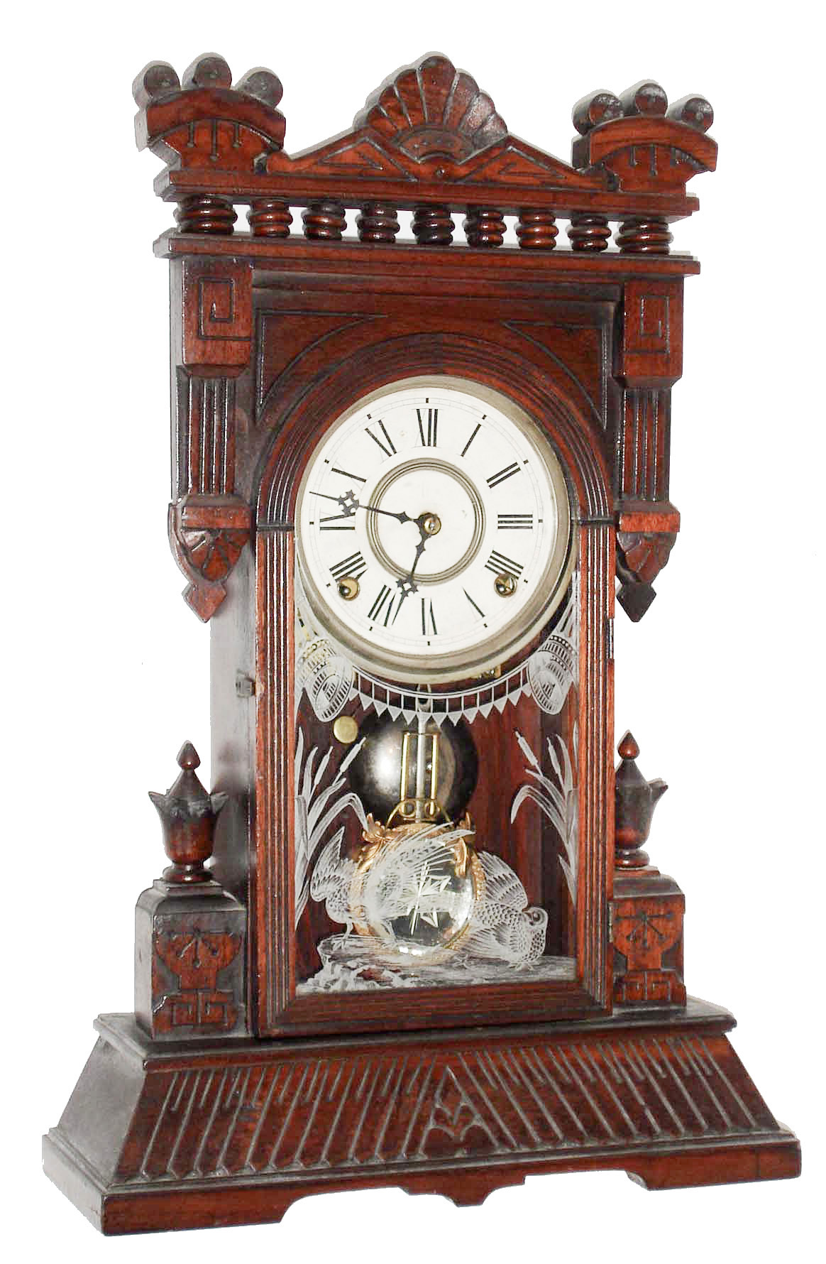 William L. Gilbert Clock Co., Winsted, Conn., "Avalon", 8 day, time and strike, walnut mantel clock, c1885. — Antique Clocks Price Guide