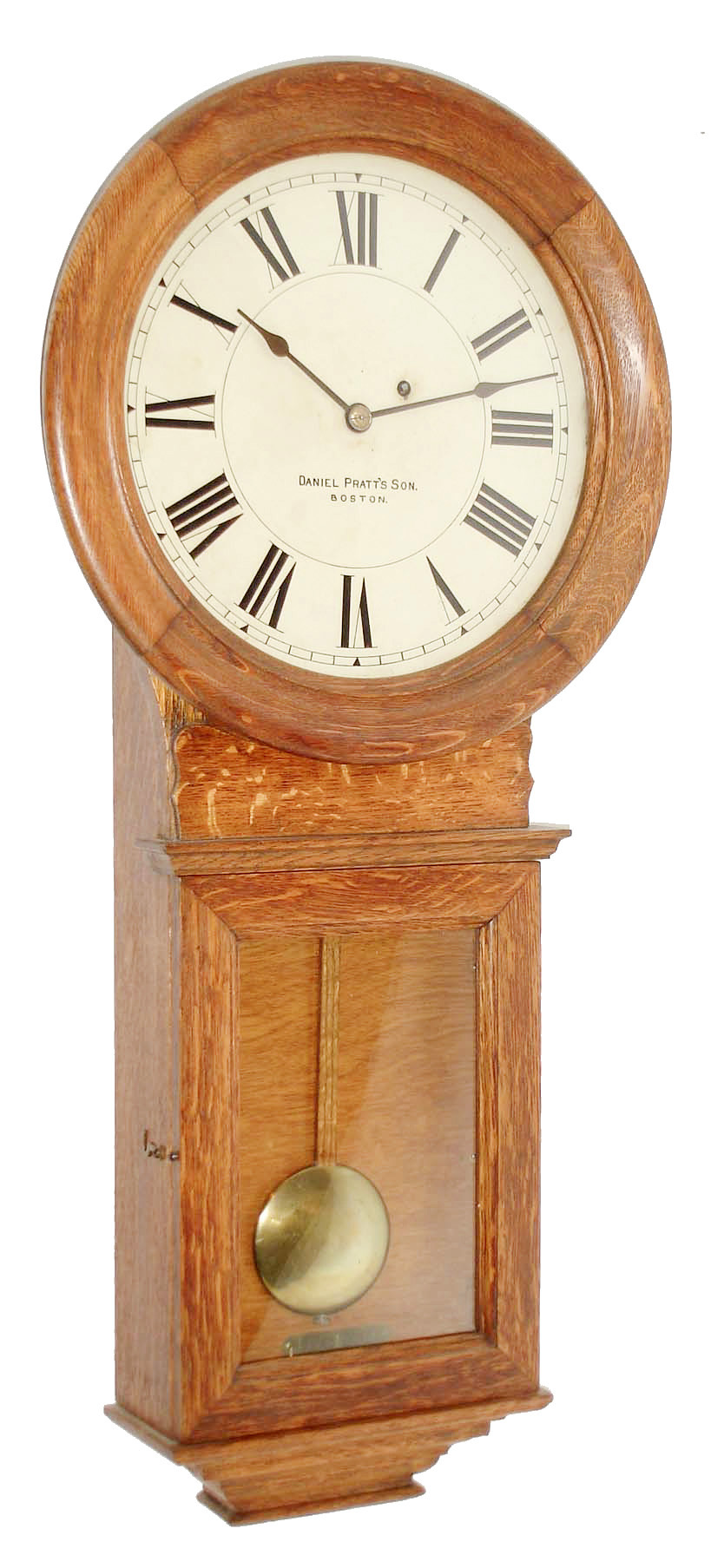 Little &amp; Eastman, Boston, Mass., 8 days, weight oak case wall timepiece retailed by Daniel Pratt's Son, Boston. c1906  Case is stamped 33. — Antique Clocks Price Guide