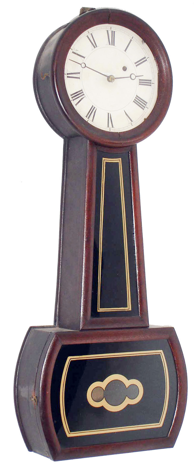 Daniel Pratt &amp; Sons, Reading, Mass., 8 day, weight brass movement banjo timepiece. c1865  Case is stamped "66".  This is most likely an Attleboro type banjo retailed by Pratt possibly from the shop of George Hatch. — Antique Clocks Price Guide