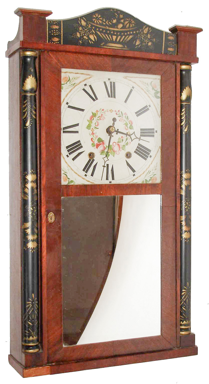 Porter &amp; Carter, Otis, Mass., 30 hour, time and strike, weight wood movement half column &amp; splat shelf clock, c1835 — Antique Clocks Price Guide