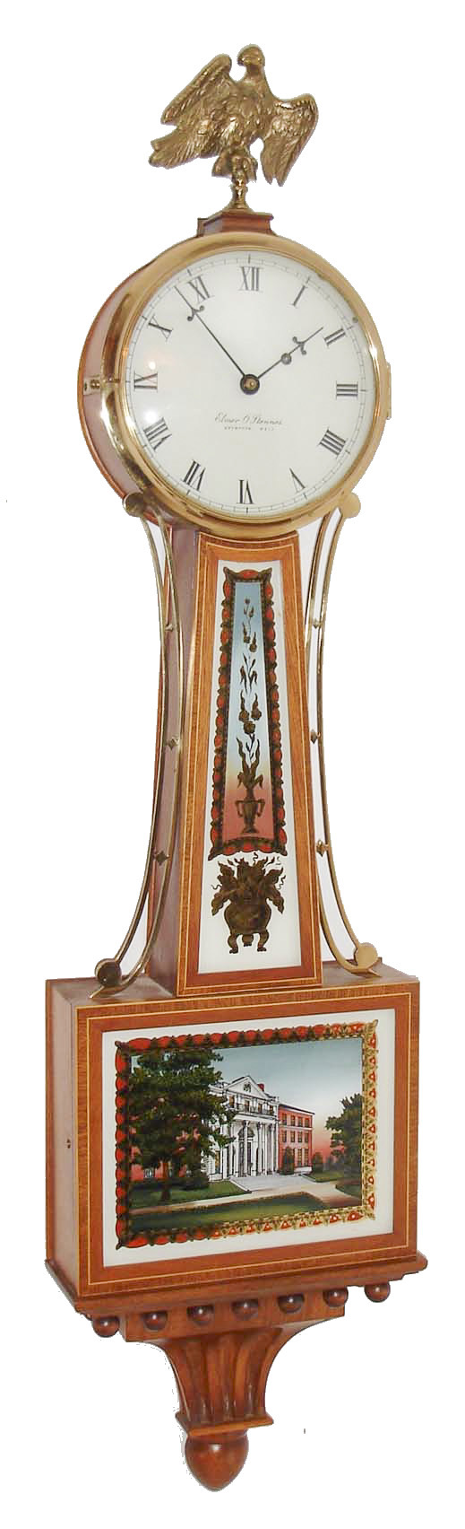 Elmer O. Stennes, Weymouth, MA, 8 days, weight cross banded patent or banjo timepiece. C1968  Case is stamped "68". — Antique Clocks Price Guide