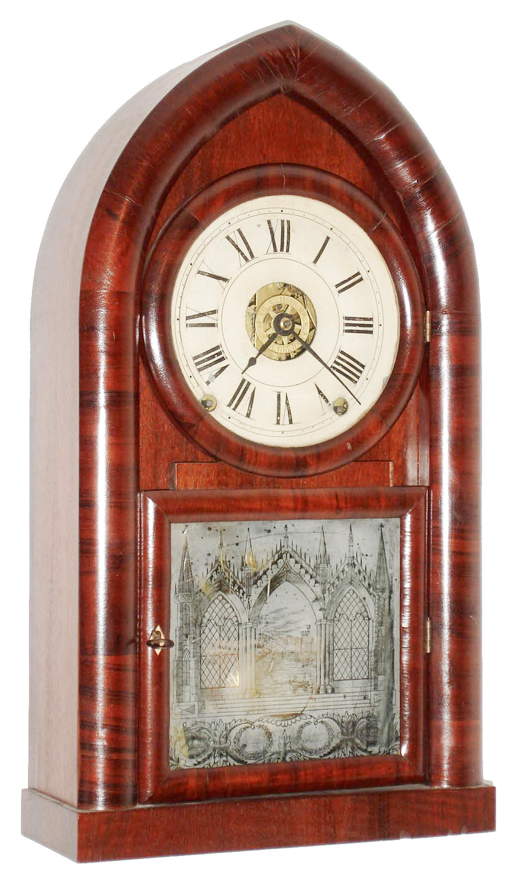 Terry &amp; Andrews, Bristol, Conn., 8 day, time, strike and alarm, rosewood veneered round gothic or beehive shelf clock, c1845 — Antique Clocks Price Guide