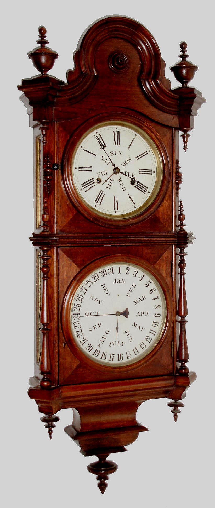 Welch, Spring &amp; Co., Bristol, Conn., "Calendar Regulator No. 5", 30 day, double spring walnut double dial wall timepiece, c1878 — Antique Clocks Price Guide