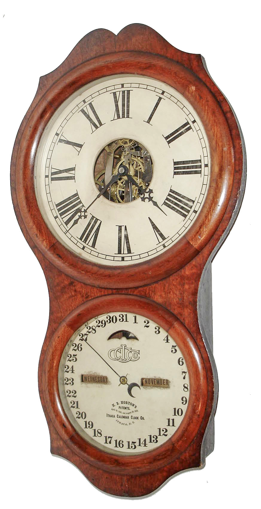 Ithaca Calendar Clock Co., Ithaca, NY, "No. 4 Hanging Office", 30 day, double dial wall timepiece. c1880.  Case contains a double wind movement made by Welch for Ithaca. — Antique Clocks Price Guide
