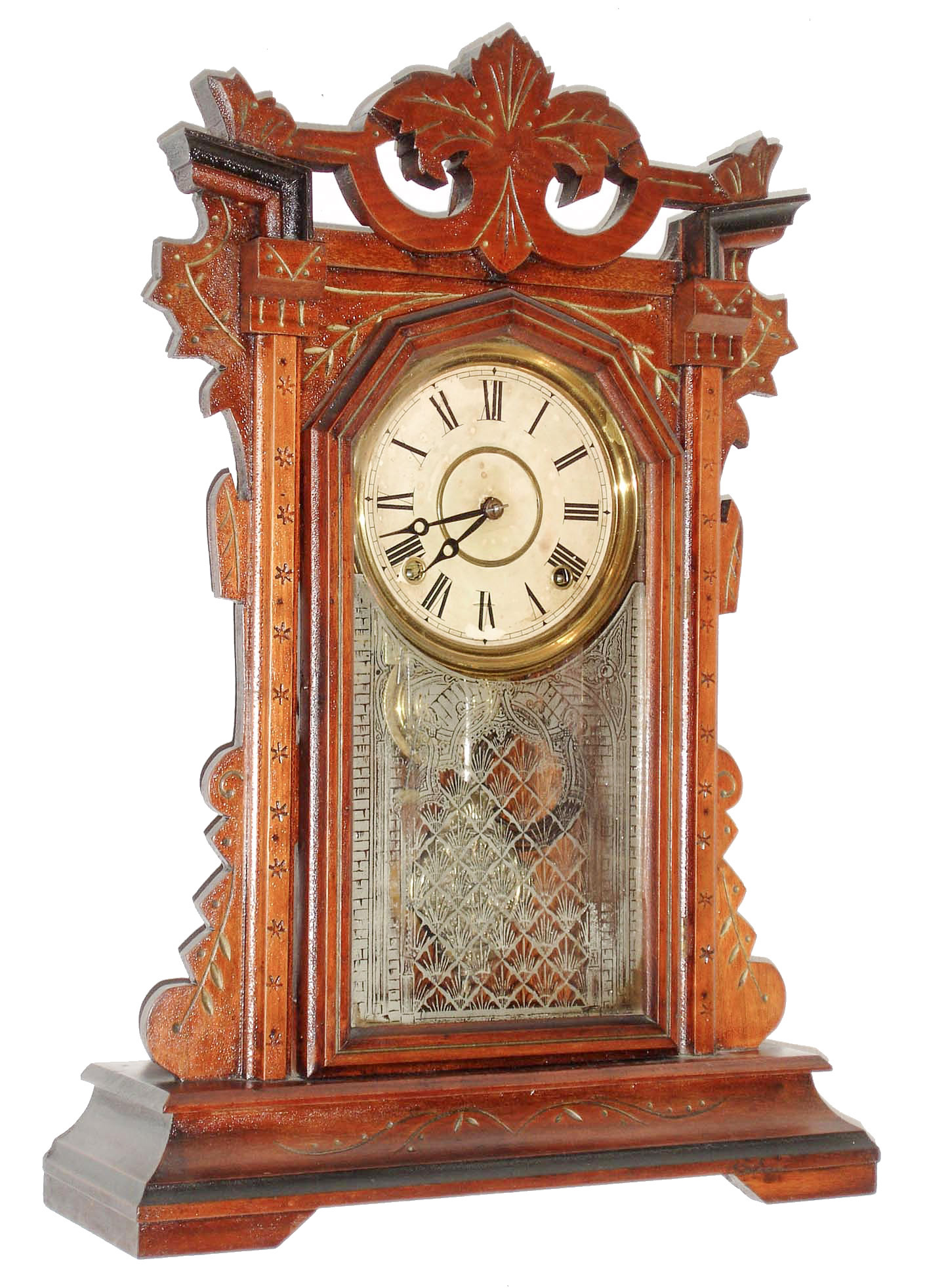 E. Ingraham &amp; Co., Bristol, Conn., "Paladin", 8 day, time and strike, walnut shelf clock, c1884 — Antique Clocks Price Guide