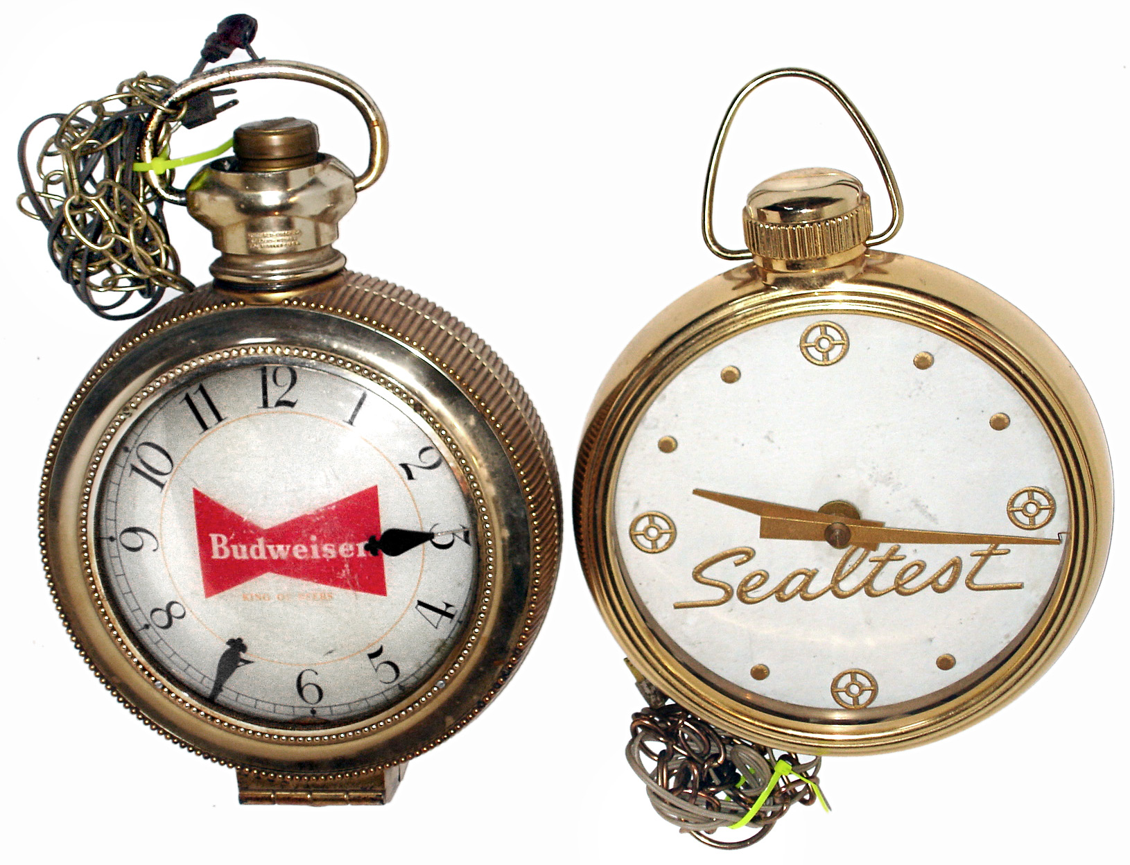 Clocks- 2 (Two) brass electric advertising pocket watch form wall clocks, c1965 — Antique Clocks Price Guide