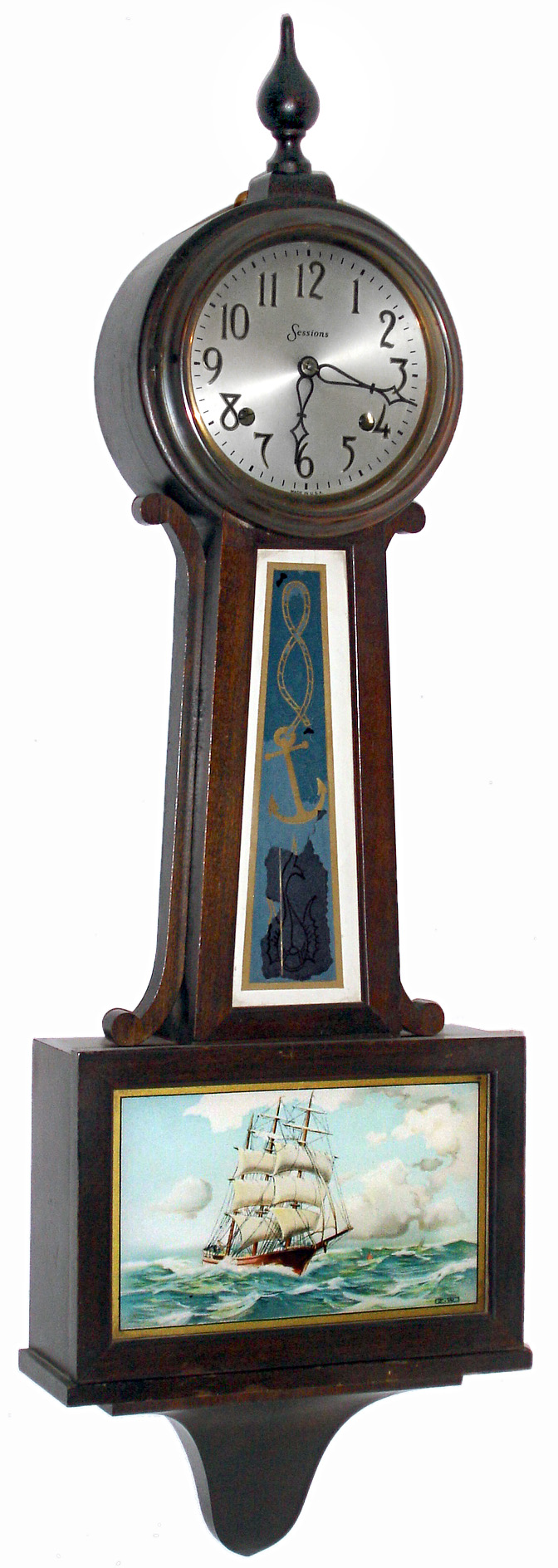 New Haven Clock Co., New Haven, Conn., "Whitney"  wood time and strike, banjo clock, Sessions dial, c1930 — Antique Clocks Price Guide