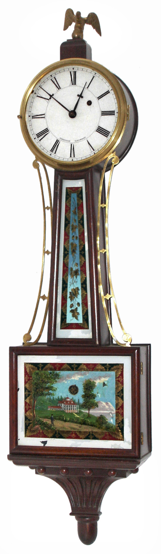 Herschede Hall Clock Co., Cincinnati, Ohio, mahogany banjo clock with a Little &amp; Eastman, Boston, 8 days, time only, weight driven movement, c1920 — Antique Clocks Price Guide