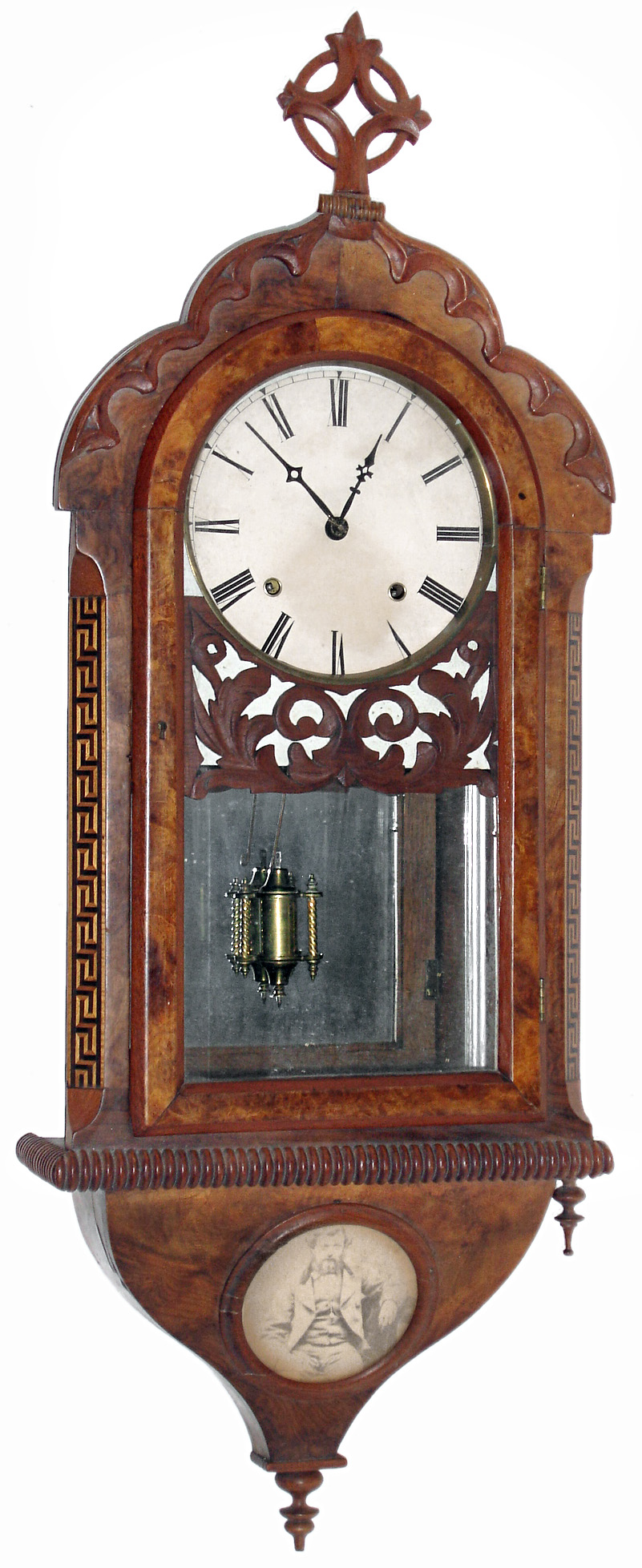 Anglo American burl and inlaid walnut 8 days, time and strike, wall clock with E. N. Welch movement, c1880 — Antique Clocks Price Guide
