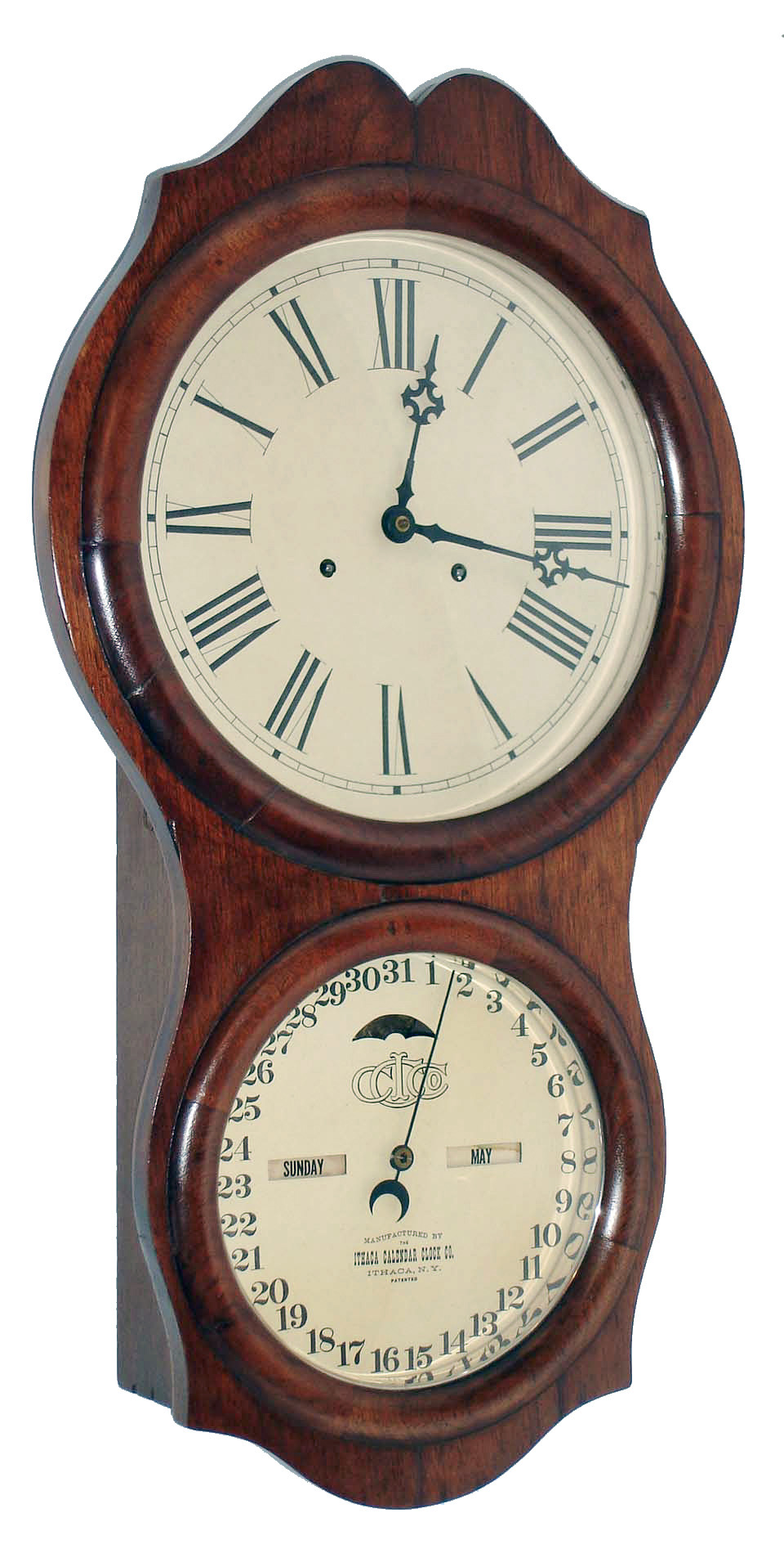 Ithaca Calendar Clock Co., Ithaca, NY, "No. 4 Hanging Office", 30 day, double wind double dial calendar wall timepiece. c1880 — Antique Clocks Price Guide