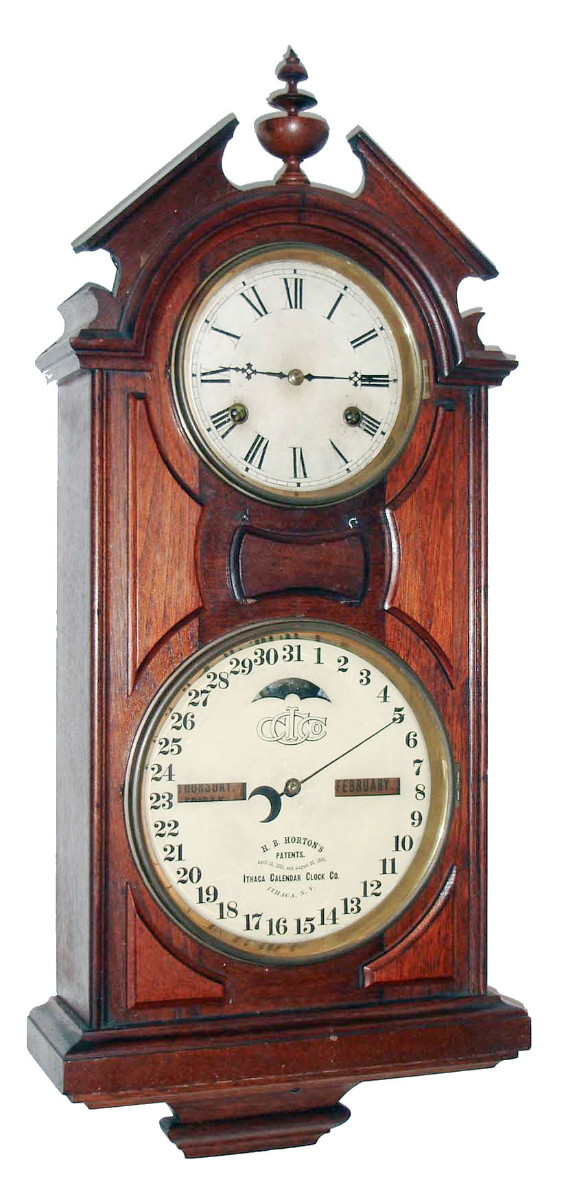 Ithaca Calendar Clock Co., Ithaca, NY, "No. 6 Hanging Library", 8 day, time and strike, double dial calendar wall clock, c1875 — Antique Clocks Price Guide