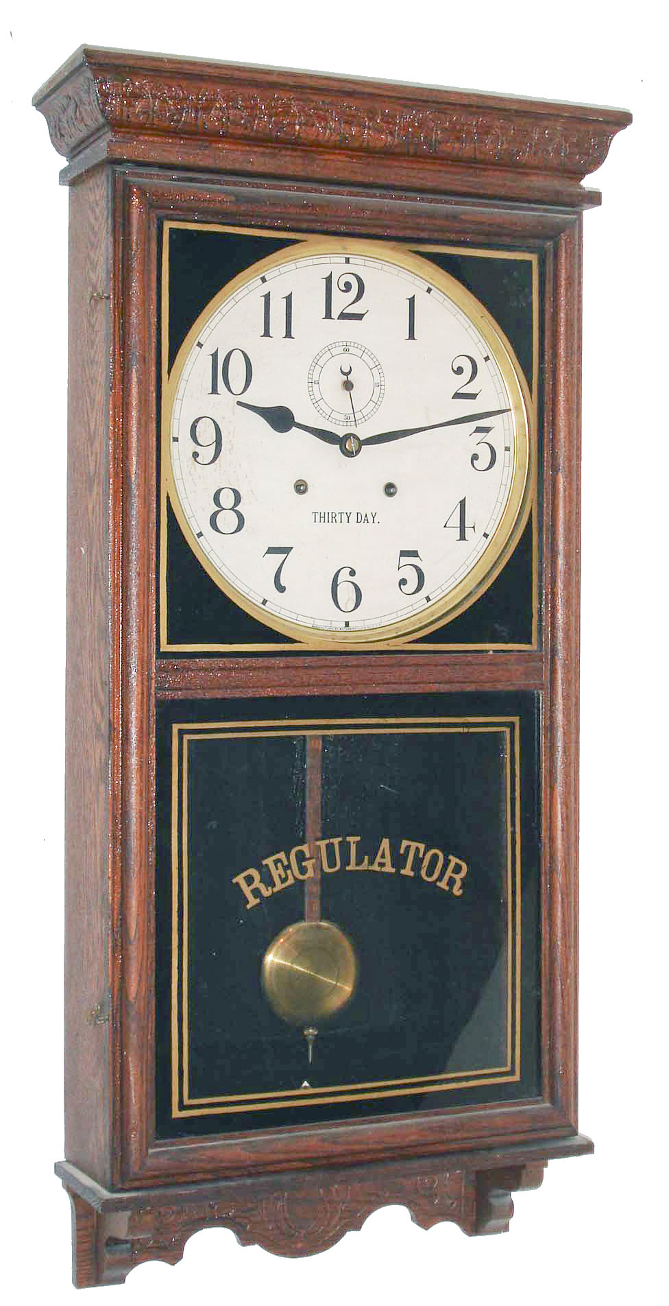 Waterbury Clock Co., Waterbury, Conn., "Stork" oak 30 days, time only, spring driven hanging regulator, c1915 — Antique Clocks Price Guide