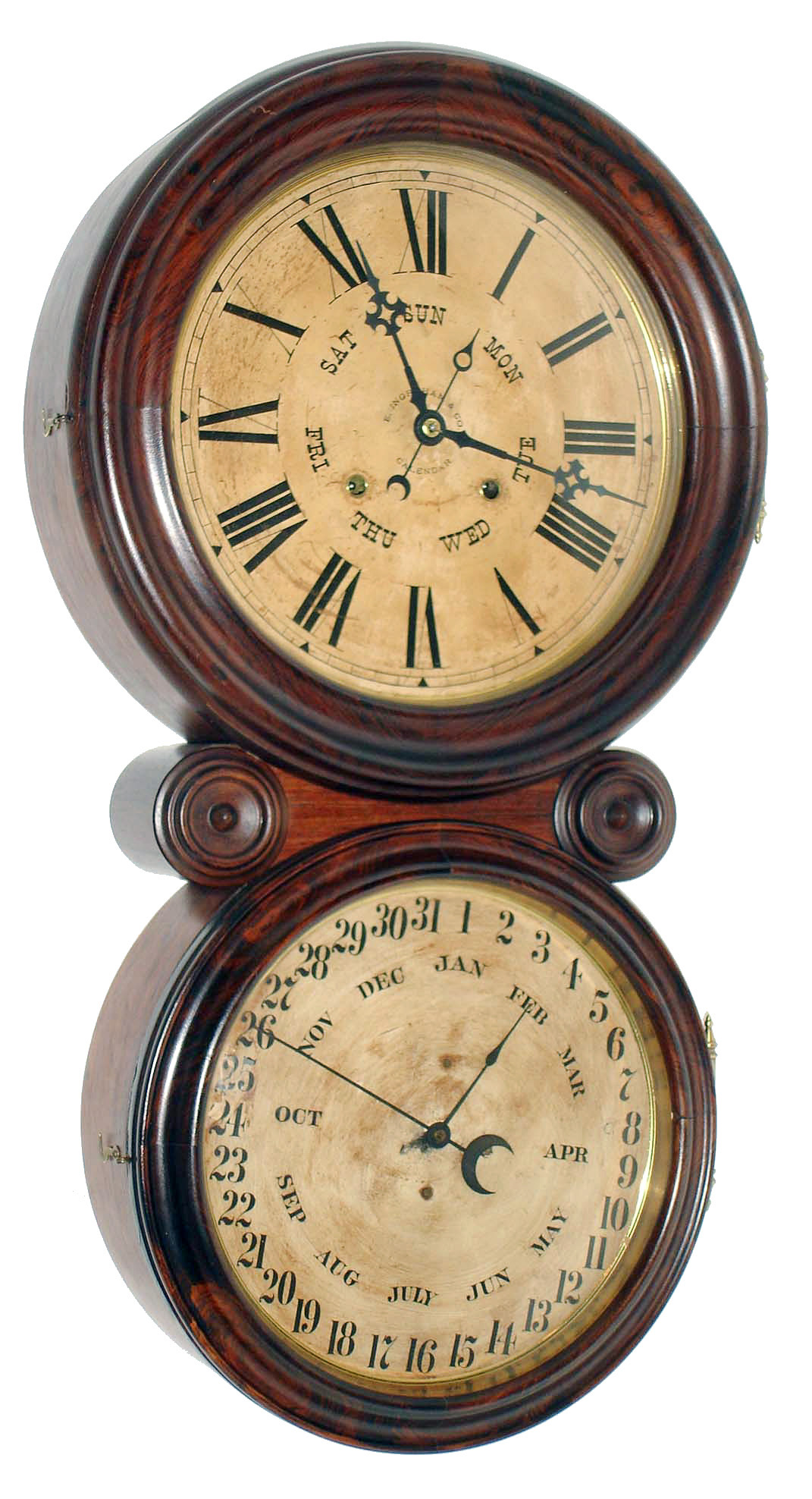 E. Ingraham &amp; Co., Bristol, Conn., "Ionic", 8 day, time and strike, double dial calendar wall clock, c1886 — Antique Clocks Price Guide