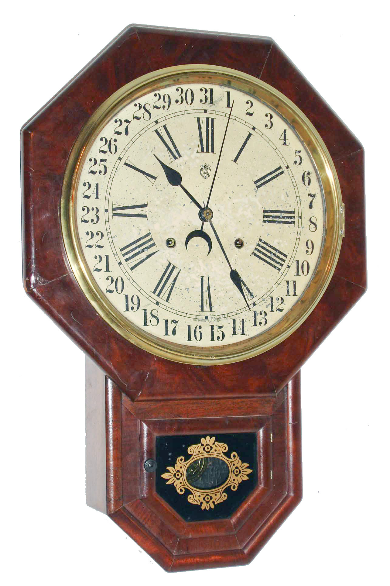 Waterbury Clock Co., Waterbury, Conn., "Drop Octagon RC"  mahogany 8 days, time, strike and calendar wall clock. c1881 — Antique Clocks Price Guide