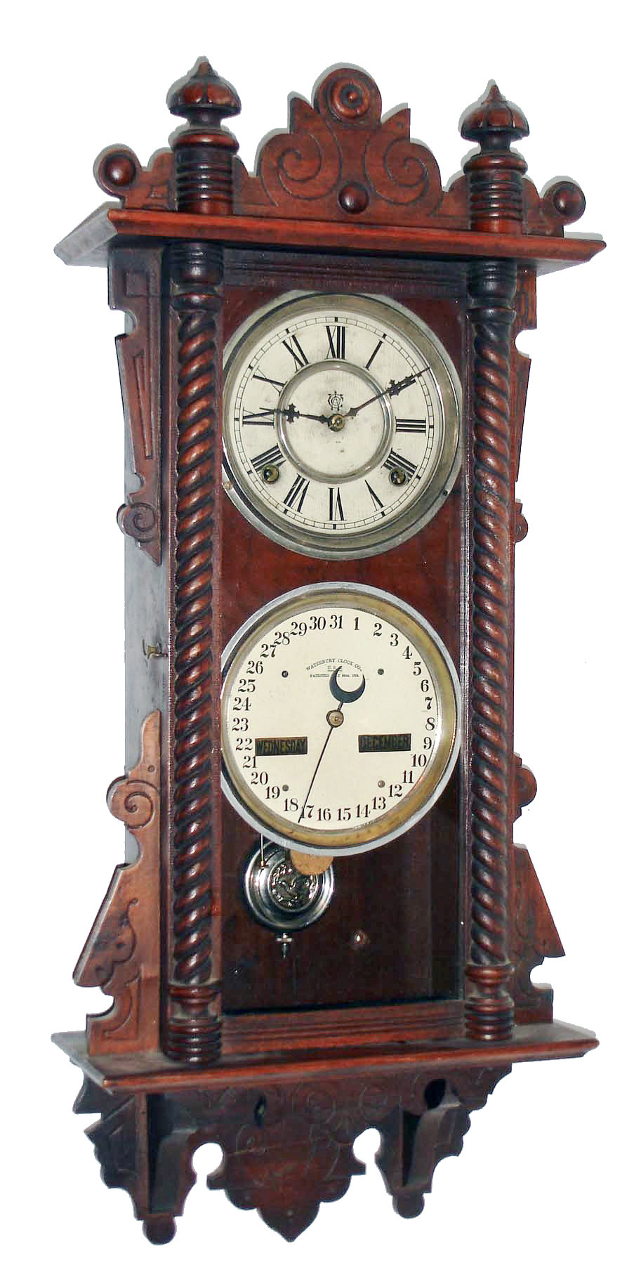 Waterbury Clock Co., Waterbury, Conn., "Calendar No. 36", 8 day, time and strike, double dial calendar clock.  c1891 — Antique Clocks Price Guide