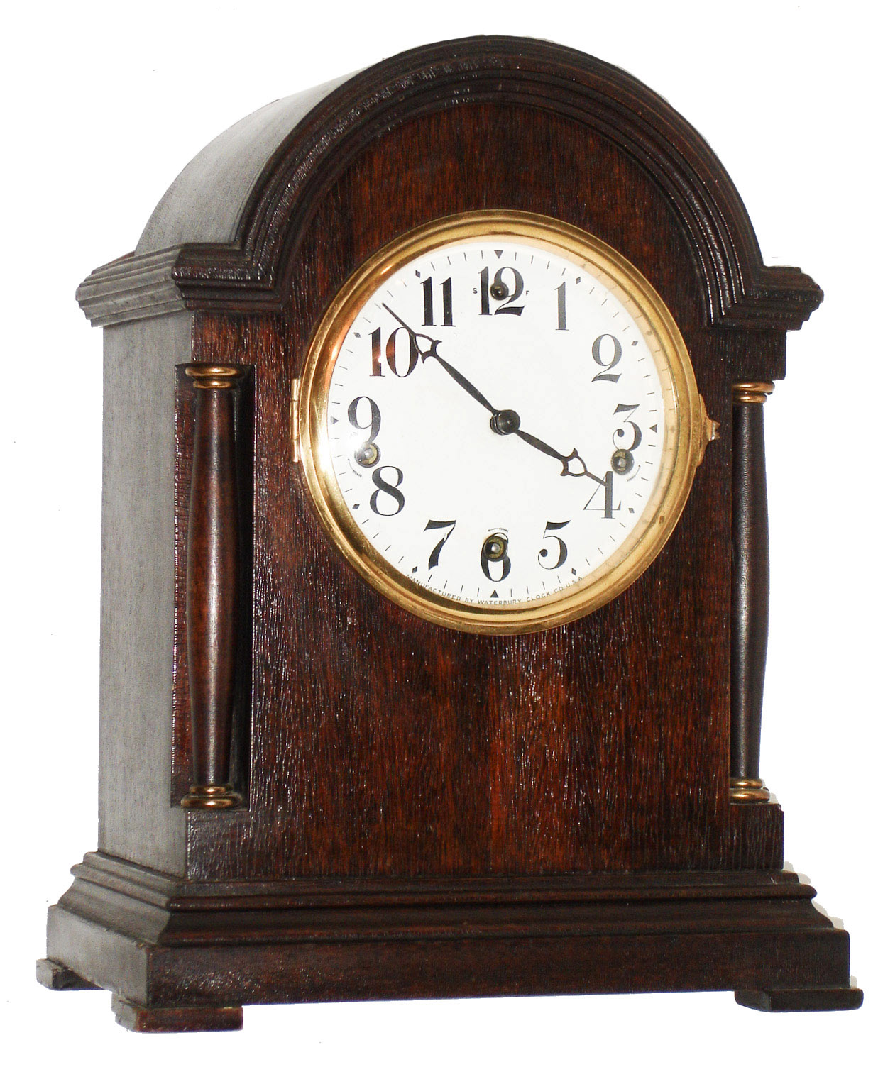 Waterbury Clock Co., Waterbury, Conn., "Chime Clock No. 500", 8 day, time and strike, with quarter hour Westminster chime strike on five straight wire rods mahogany mantel clock. c1918 — Antique Clocks Price Guide