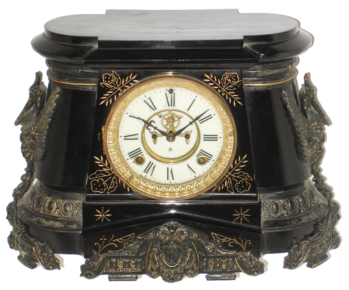 Ansonia Clock Co., Ansonia, Conn., "Pompeii", 8 day, time and strike, enameled iron case mantel clock. c1904 — Antique Clocks Price Guide
