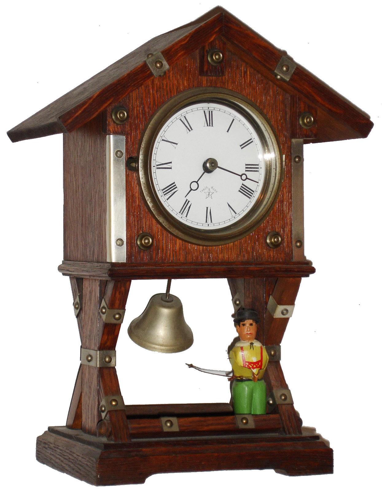 Junghans, Germany, oak 30 hours, animated bell ringer time only, mantel clock, c1910 — Antique Clocks Price Guide