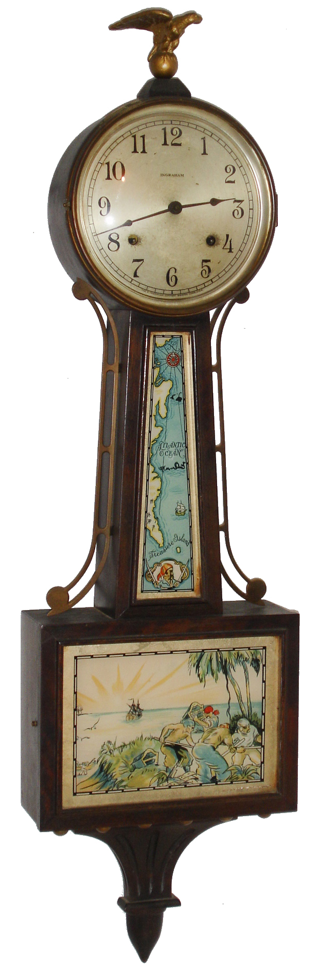 E. Ingraham &amp; Co., Bristol, Conn. "Treasure" mahogany finish 8 days, time and duplex strike (ding-dong) banjo clock, c1934 — Antique Clocks Price Guide