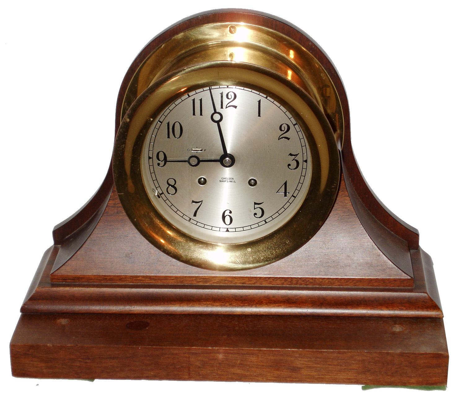 Chelsea Clock Co., Boston, Mass., 6" dial brass 8 days, ship's bells clock in mahogany cradle, c1977 — Antique Clocks Price Guide