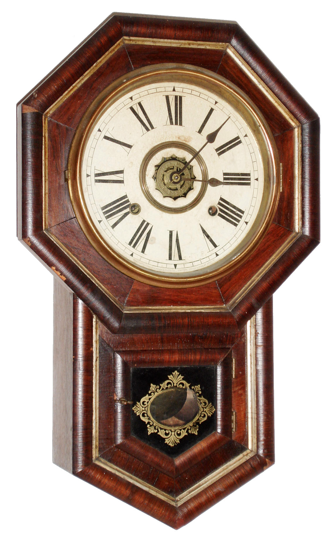 Ansonia Clock Co., Brooklyn, New York, "Drop Octagon, Gilt" mahogany 8 days, time, strike and alarm wall clock, c1883 — Antique Clocks Price Guide