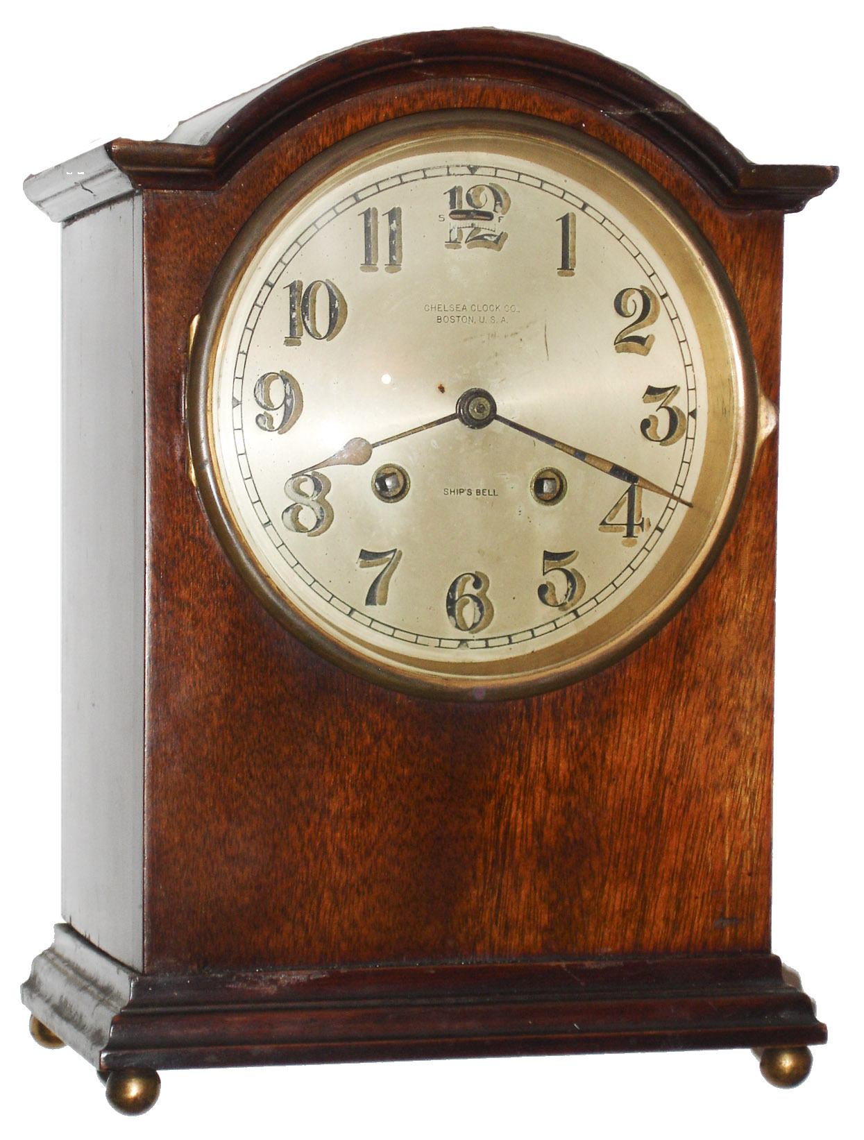 Chelsea Clock Co., Boston, Mass., mahogany 8 days, ship's bells mantel clock, 1918 — Antique Clocks Price Guide
