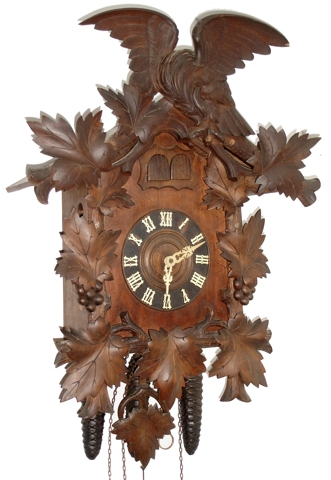 German Black Forest cuckoo and quail wall clock, 8 days, time and 1/4 strike, weight driven movement in a walnut colored case, c1900 — Antique Clocks Price Guide