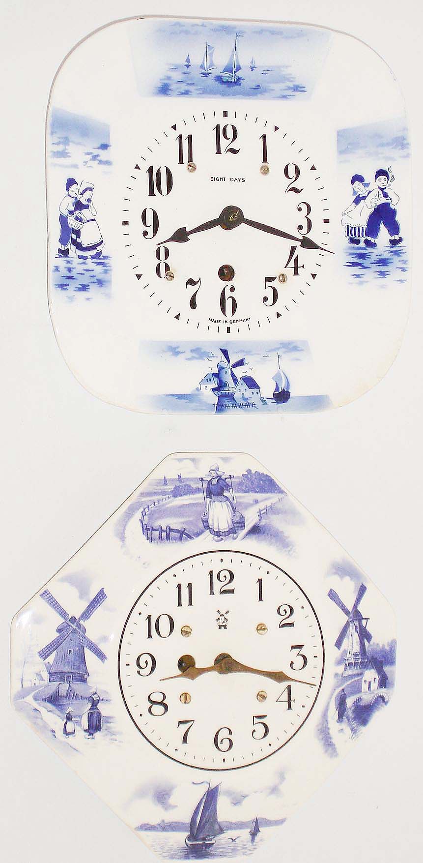 Clocks- 2 (Two) Irving Miller &amp; Co., New York, Delft plate 8 days, time only, kitchen wall clocks, c1930 — Antique Clocks Price Guide