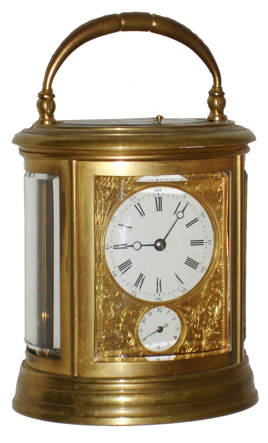 French oval brass and beveled glass time, strike, repeat and alarm 8 days, carriage clock, c1900 — Antique Clocks Price Guide