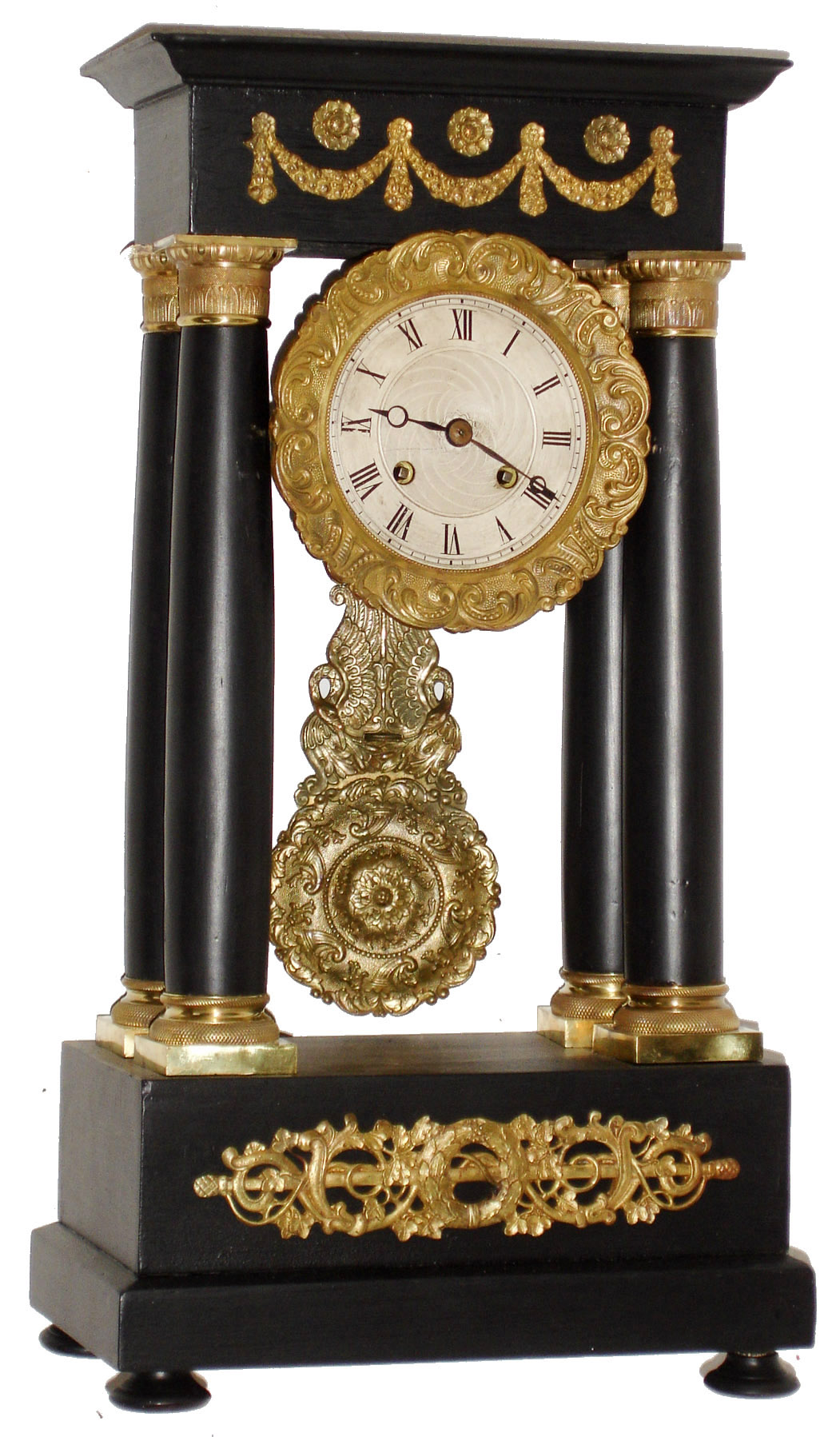 French Empire ebonized and gilt bronze 4-column portico 8 days, time and strike, mantel clock, c1860 — Antique Clocks Price Guide