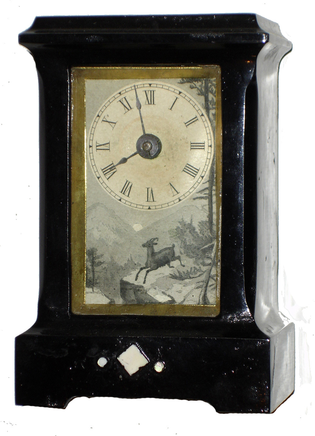 Yale Clock Co., New Haven, Conn., miniature cast iron 1-day timepiece with MOP inlay in the base and in good original condition, c1880 — Antique Clocks Price Guide