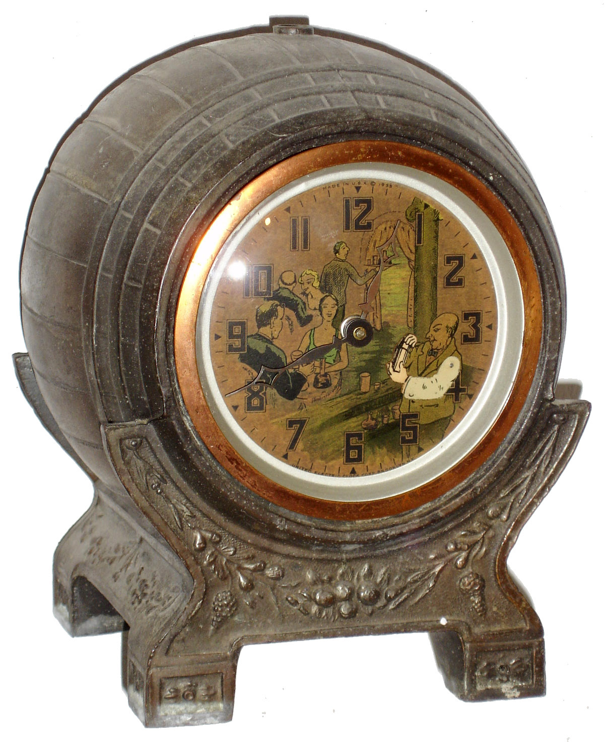 United Electric Clock Corp, Brooklyn, NY, spelter wine barrel 30 hours, time only, animated novelty clock, c1938 — Antique Clocks Price Guide