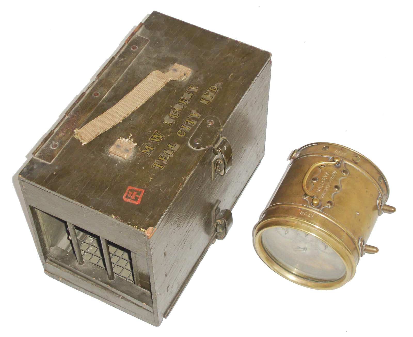 The Homing Pigeon Clock, Turner's Patent and Hateley's Patent, brass clock for timing bird flights, with painted wood carrying case for pigeons, c1900(?) — Antique Clocks Price Guide