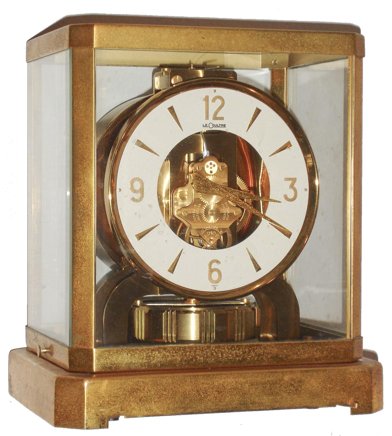 Jaeger-LeCoultre Swiss "Atmos" table clock, jeweled movement runs on changes of atmospheric pressure and temperature, gold-plated brass and glass case, serial number 118151, c1965 — Antique Clocks Price Guide