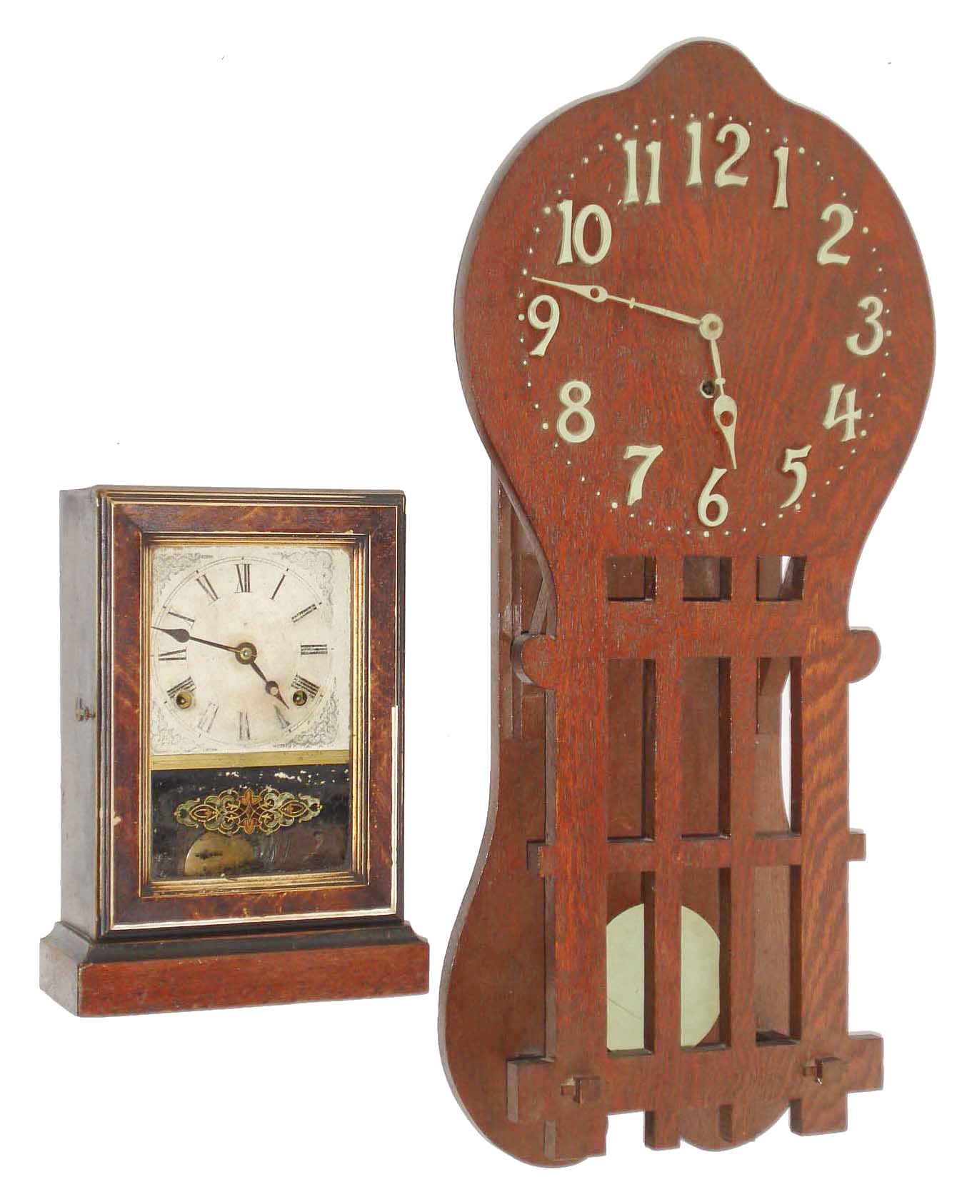 Clocks- 2 (Two): an E. Ingraham &amp; Co. cottage clock with reverse painted tablet and a spring driven wall clock probably made by Sessions, c. 1915 for a retail firm. — Antique Clocks Price Guide