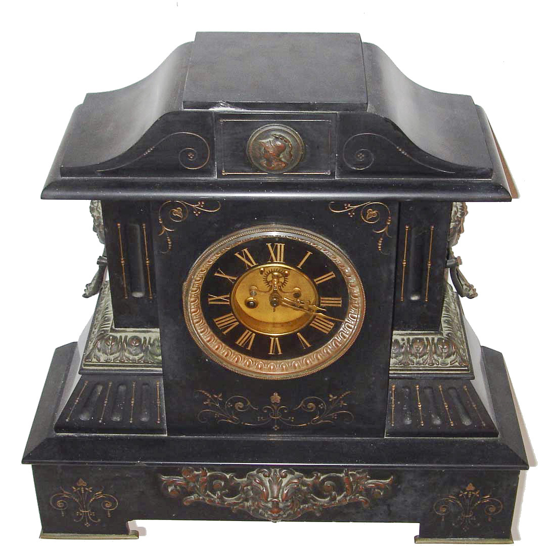 French mantel clock, 8 days, time and strike, spring driven movement with open escapement in a large black marble case with applied bronze castings, c1880 — Antique Clocks Price Guide