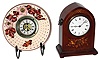 Clocks- 2 (Two) small mantel timepieces: New Haven "No.1066C" porcelain Faience Ware 30 hours, novelty clock with metal stand; and French for the English market, inlaid wood 8 days, desk clock; c1890