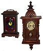 German 30 hour time and strike, small R/A wood wall clock, c1900; and modern Thorens Swiss disk music box in wood bracket-clock case.