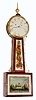 Unknown, possibly New Hampshire, patent or banjo wall clock, 8 days, time and alarm, weight driven movement with weight alarm in a mahogany case with reverse painted tablets and painted metal dial, c1825