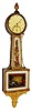 New England banjo wall clock, variant, 8 days, time only, weight driven movement in a mahogany case with gold leafed front, reverse painted throat and lower tablets and painted metal dial with rare indication of hours on a rotating disc, behind a crescent opening, c1820