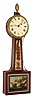 Wm. Cummens, Roxbury, Mass., banjo wall clock, 8 days, time only, weight driven banjo with T-bridge suspension in cross banded mahogany case with reverse painted throat and lower tablets and painted metal dial, c1815