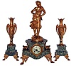 French marble and gilt cast metal garniture set: 8 days, time and strike, figural mantel clock; pair of urns; c1900