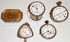 Clocks- 5 (Five) Automobile: two 8 days, Waltham with Hudson Super Six enamel dials, one New Haven in a triangular dash mount case, one deco style in an elongated octagonal case, and one unmarked in a cylindrical dash mount case with white enamel dial, early 20th century