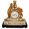 French mantel clock, eight day time and strike, pendule a Paris movement, counting the hours on a bell and a single blow at the half hour, silk thread suspension, white and black marble and gilt bronze case supported on gilt toupie feet, the case front paint decorated below the dial with bunches of grapes and grape leaves, and with festoons of roses, forget-me-nots, and green foliage, with gilt bronze frame and beaded molding, on the right a gilt bronze putti standing on a stool and holding a basket of flowers, on the left a female figure with lyre, at her feet a quiver with arrows and bow, white enamel dial with Arabic numerals, signed in red "Piolaine A Paris", gilt hands, and gilt bezel with convex glass, c1790