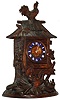 Swiss mantel clock, Japy Freres 8 days, time and strike, movement, back plate also marked "M.R. & Co.", in a beautifully carved Swiss case, a rooster atop shed with thatch roof, the hen below in foliage feeding her young, wooden dial with blue enamel cartouche Roman numerals, Breguet style hands, c1880