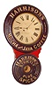 Baird Clock Co., Plattsburgh, NY, "Harrison's Mocha and Java Coffee" advertising wall clock, 8 day, time only, spring driven movement in wooden case with paper mache doors and paper dial, c1893